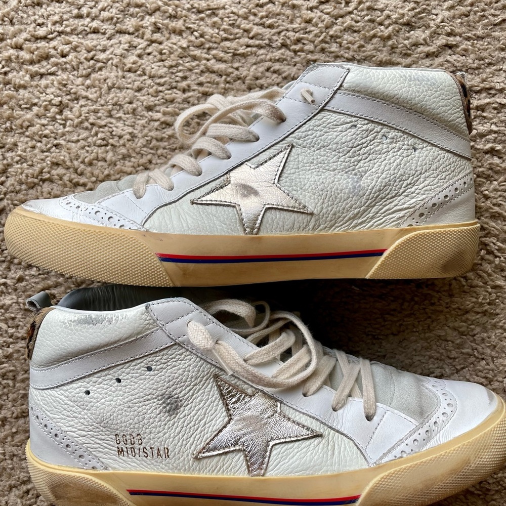 Golden Goose Mid Star in White Leather w/ Animal Print Detail